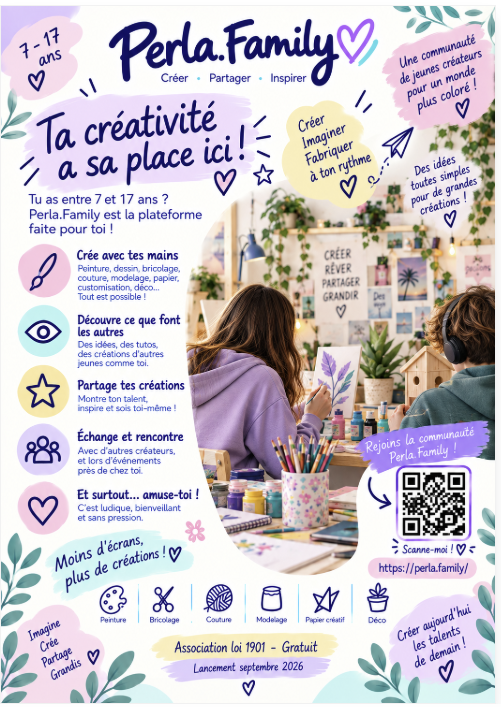 Flyer Perla Family pour les jeunes créateurs : ta créativité a sa place ici